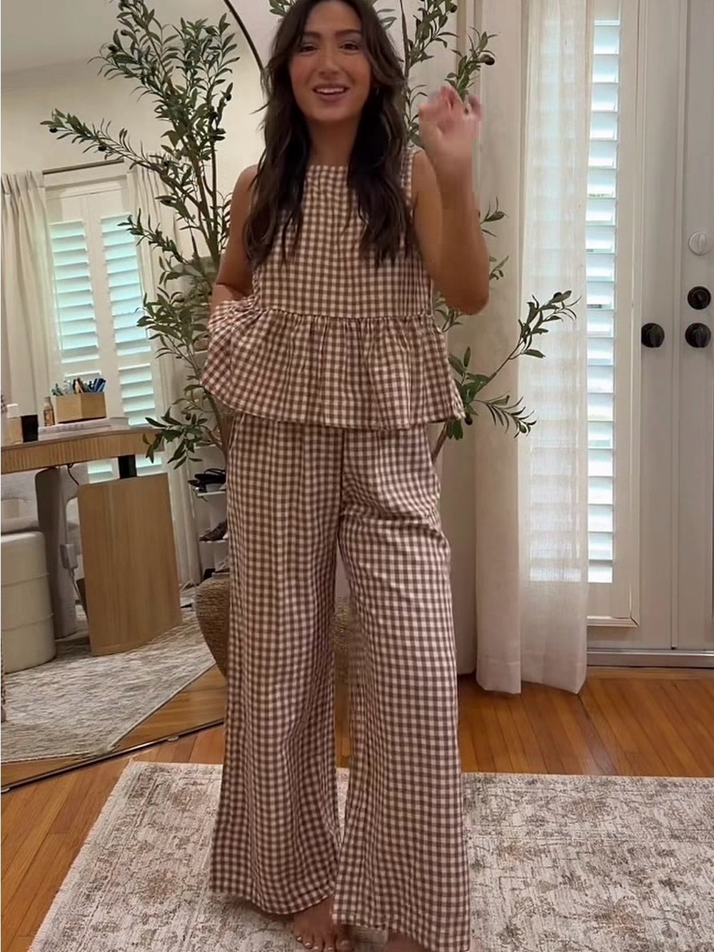 Sleeveless Brown Gingham Wide-Leg Set